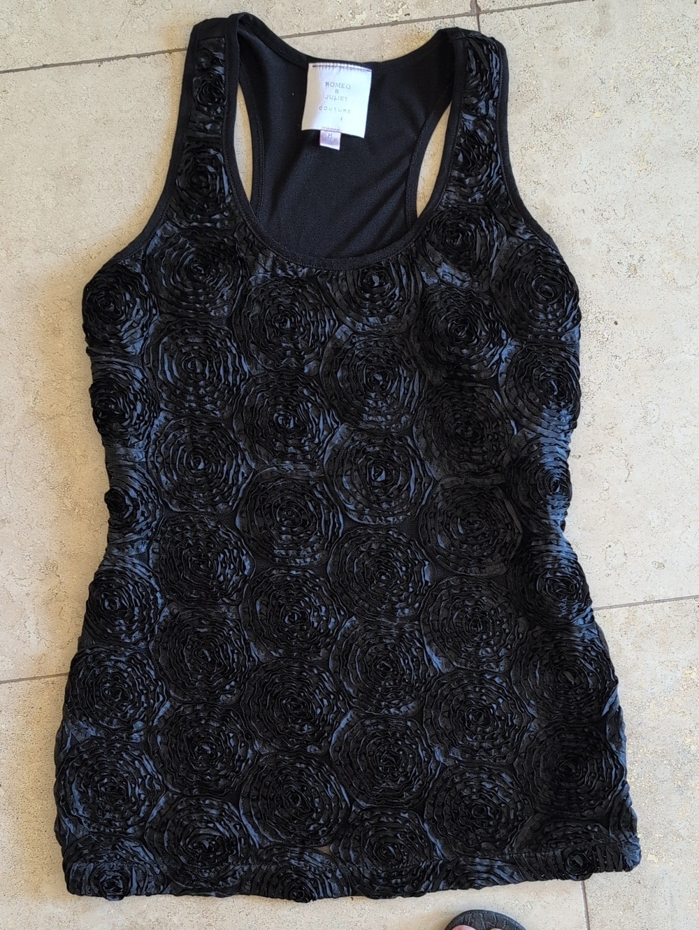 Romeo & Juliet Couture Black Textured Rosette Racerback Y2K Romantic Tank